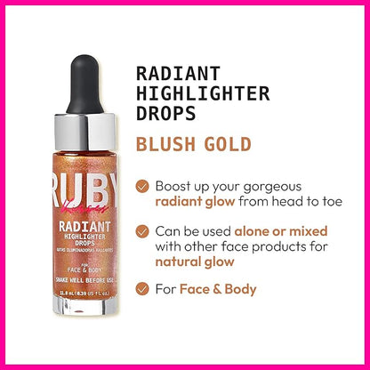 Ruby Kisses Radiant Drops, Shimmer Liquid Highlighter Makeup, (BLUSH GOLD)