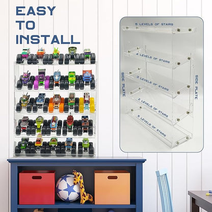 AAiphuwew Acrylic Monster Trucks Display Case - Holds Up to 25 Car Collectibles, Clear 5 Tiers Toy Truck Cars Display Storage Organizer Tire Shelf