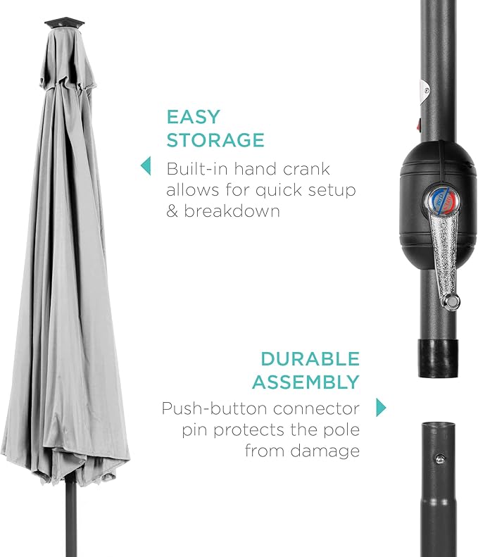 Best Choice Products 10ft Solar Polyester LED Lighted Patio Umbrella w/Tilt Adjustment and UV-Resistant Fabric - Fog Gray