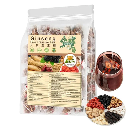 Ginseng Five Treasures Tea Kidney Tea,Te De RiñOn Saludable Organica,Red Date Mulberry Tea Organic Kidney Cleanse Chinese Herbal Red Ginseng Tea For Men Women (1Bag(25pcs))