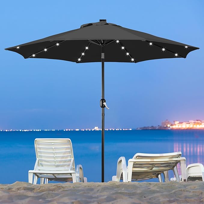 Yaheetech 9FT Solar Patio Umbrella Outdoor Table Market Umbrella w/8 Ribs and 32 LED Lights, Tilt & Crank & UV Protection for Backyard/Deck/Poolside, Black
