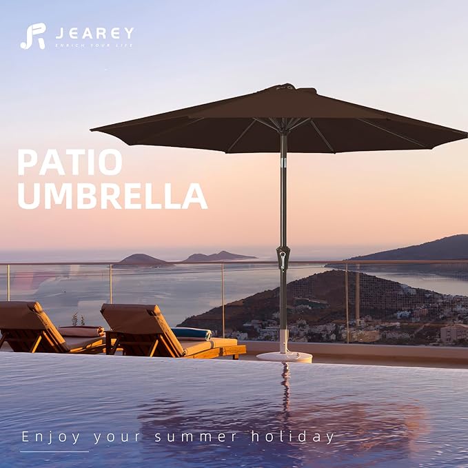 JEAREY 10FT Outdoor Patio Umbrella Outdoor Table Umbrella with Push Button Tilt and Crank, Market Umbrella 8 Sturdy Ribs UV Protection Waterproof for Pool, Garden (Brown)