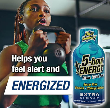 5-Hour ENERGY Shots Extra Strength | Blue Raspberry Flavor | 1.93 oz. 30 Count | Sugar Free, Zero Calories | Amino Acids and Essential B Vitamins | Dietary Supplement | Feel Alert and Energized