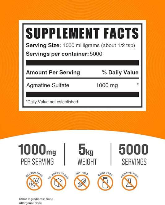 BulkSupplements.com Agmatine Sulfate Powder - Nitric Oxide Supplement, Agmatine Sulfate 1000mg - Unflavored & Gluten Free, 1000mg per Serving, 5kg (11 lbs) (Pack of 5)