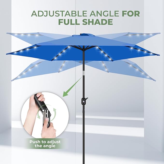 FRUITEAM Solar Patio Umbrella Outdoor LED Swimming Pool Umbrella, 7 1/2 FT Table Umbrella with Lights Heavy Duty Patio Umbrella with Sturdy Ribs, Crank, Easy Tilt Adjustment, Aqua Blue