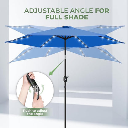 FRUITEAM Solar Patio Umbrella Outdoor LED Swimming Pool Umbrella, 7 1/2 FT Table Umbrella with Lights Heavy Duty Patio Umbrella with Sturdy Ribs, Crank, Easy Tilt Adjustment, Aqua Blue