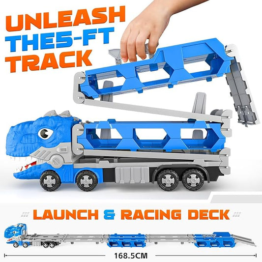 Dinosaur Truck Toys for Boys, Foldable Track Monster Trucks with 6 Mini Alloy Cars - Race Car Toys for Toddlers 2-4, 3-5 Years Transport Carrier for Kids Boys & Girls Play Set