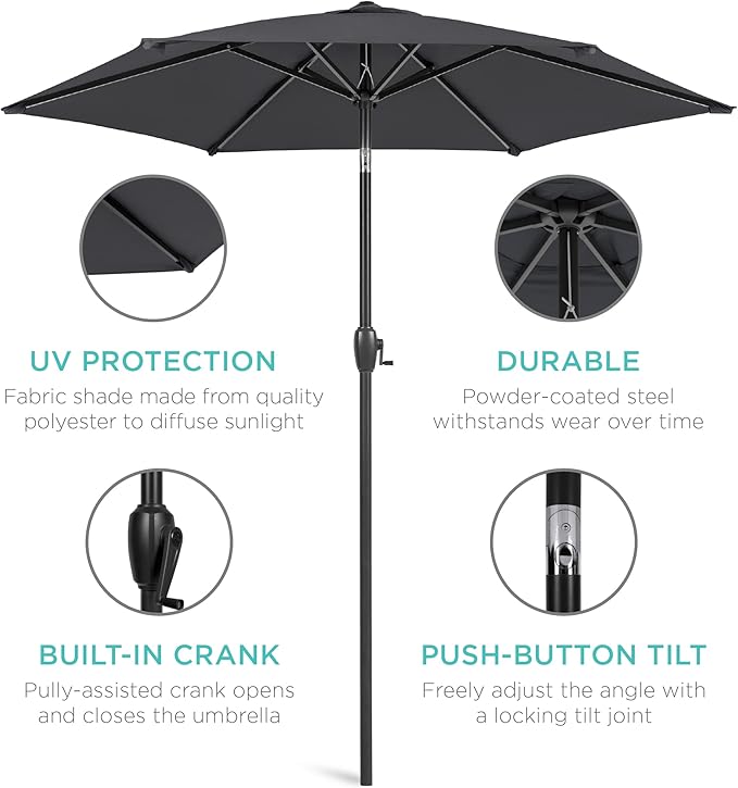 Best Choice Products 7.5ft Heavy-Duty Round Outdoor Market Table Patio Umbrella w/Steel Pole, Push Button Tilt, Easy Crank Lift - Gray