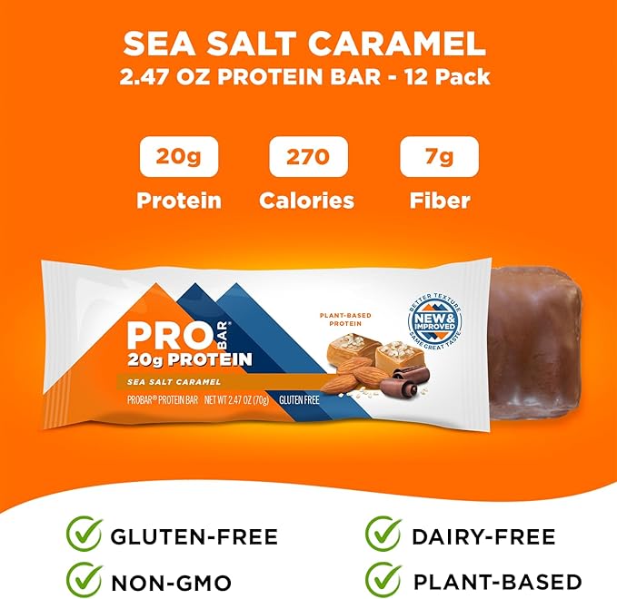 PROBAR - PROTEIN Bar, Sea Salt Caramel, Non-GMO, Gluten-Free, Healthy, Plant-Based, Whole-Food Ingredients, Natural Energy (12 Count)