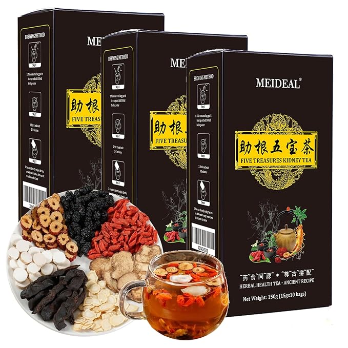 Ginseng Five Treasures Kidney Tea, Organic Herbal KidneyTea for Men and Women, 7 Precious Natural herbal Formula, Chinese Herbal Tea for kidneys (3 Boxes 30 bags)