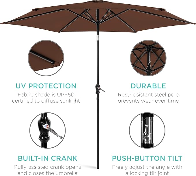 Best Choice Products 10ft Outdoor Steel Polyester Market Patio Umbrella w/Crank, Easy Push Button, Tilt, Table Compatible - Brown
