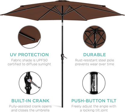 Best Choice Products 10ft Outdoor Steel Polyester Market Patio Umbrella w/Crank, Easy Push Button, Tilt, Table Compatible - Brown