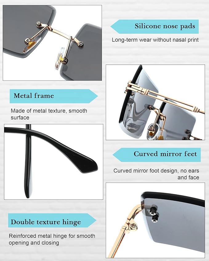 Frienda 4 Pairs Rimless Rectangle Sunglasses Frameless Square Glasses Vintage Transparent Eyewear for Women Men