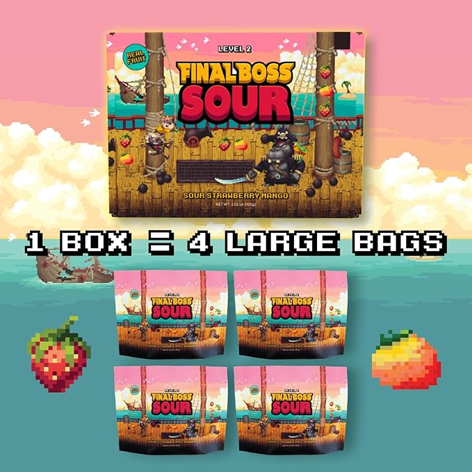 Final Boss Sour Candy, Extremely Super Sour Gummy Candy, Strawberry and Mango, LvL 2 (3.52 Ounce Bag, 1 Bag) - Gummies Made with Dried Fruit, Free of Artificial Colors, Healthy Snack for Kids & Adults