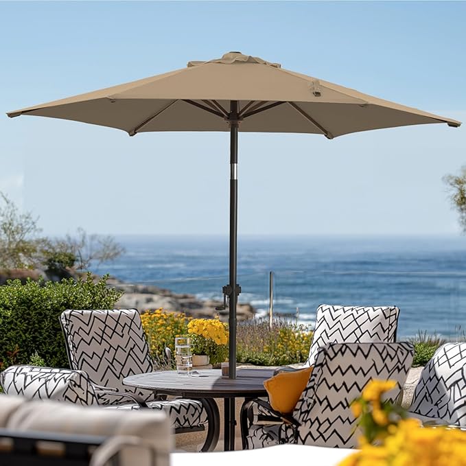 wikiwiki 7.5 FT Patio Umbrellas Outdoor Table Market Umbrella with Push Button Tilt/Crank, 6 Sturdy Ribs, Fade Resistant Waterproof POLYESTER DTY Canopy for Garden, Lawn, Deck, Backyard & Pool, Tan