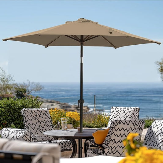 wikiwiki 7.5 FT Patio Umbrellas Outdoor Table Market Umbrella with Push Button Tilt/Crank, 6 Sturdy Ribs, Fade Resistant Waterproof POLYESTER DTY Canopy for Garden, Lawn, Deck, Backyard & Pool, Tan