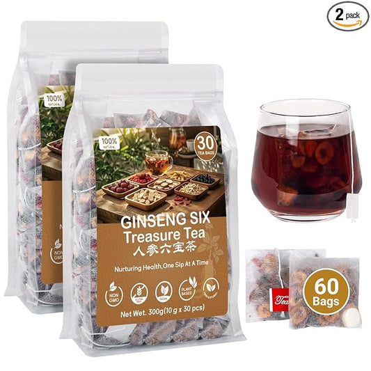 Kidney Tea Formula Ginseng Six Treasure Tea,Ginseng Five Treasures Teabag -7 Ingredient Formula Wolfberry Herbal Chinese Teabag Support Liver Cleanse &Repair for Men Women (2 Boxes,60 bags)