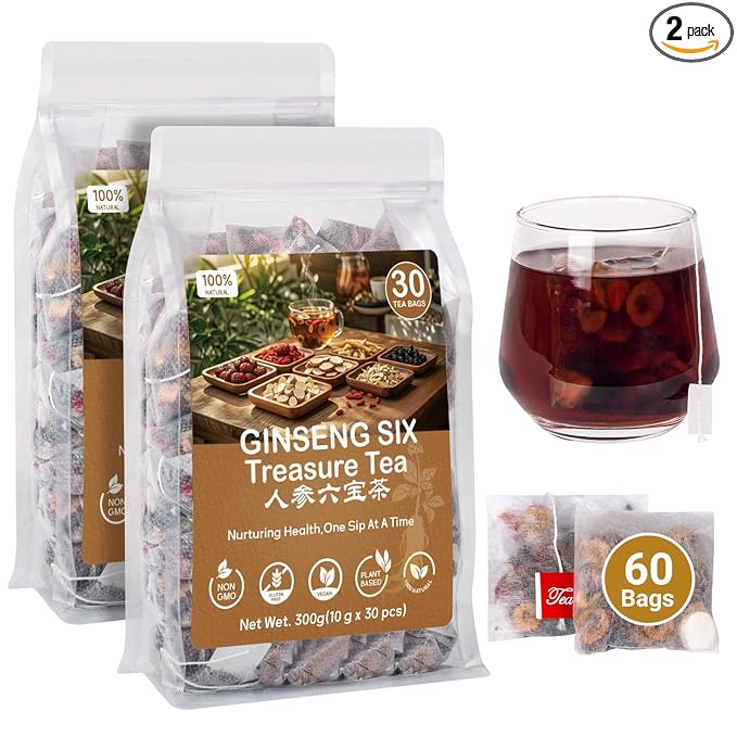 Kidney Tea Formula Ginseng Six Treasure Tea,Ginseng Five Treasures Teabag -7 Ingredient Formula Wolfberry Herbal Chinese Teabag Support Liver Cleanse &Repair for Men Women (2 Boxes,60 bags)