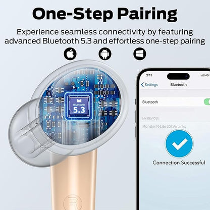 Monster N-Lite 203 AirLinks Wireless Earbuds, Bluetooth Headphones HiFi Stereo, Bluetooth Ear Buds with 30H Playback, Type-C Charging, HD Clear Call, Touch Control, IPX6 Waterproof in-Ear Earbuds