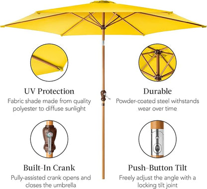 Best Choice Products 10ft Market Umbrella, Outdoor Sun Shade for Backyard, Deck, Poolside, Table w/Woodgrain Pattern, Easy Tilt & Crank - Yellow