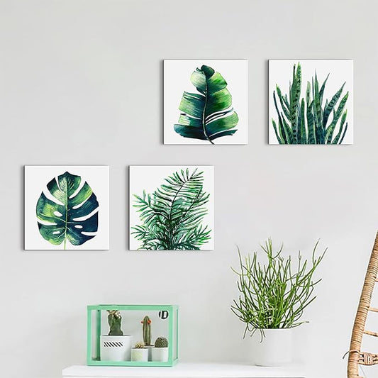 Nature Wall Art Green Plant Wall Decor Tropical Botanical Leaves Pictures Canvas Prints Bedroom Minimalist Boho Sage Monstera Leaf Painting Artwork for Bathroom Living Room Home Decorations 8x8” 4 Pcs