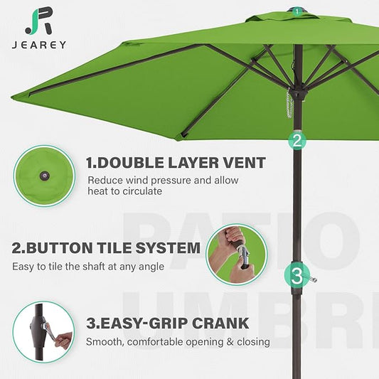 JEAREY 7.5FT Patio Umbrella Market Table Umbrella with 6 Sturdy Ribs, Push Button Tilt/Crank Outdoor Umbrella for Garden, Deck, Backyard, Pool and Beach,Grass Green