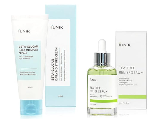 IUNIK Beta Glucan Daily Moisture Cream 2.02 Fl Oz - Skin Relief Intense Moisture Care Repair Cream + Tea tree Relief Natural Facial Serum 1.71 Fl Oz, Acne Treatment Serum