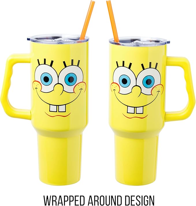 Silver Buffalo Spongebob Squarepants Smiling Face Stainless Steel Tumbler with Handle and Straw, Fits in Standard Cup Holder, 40 Ounces