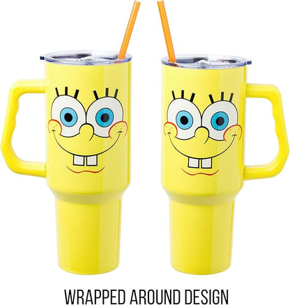 Silver Buffalo Spongebob Squarepants Smiling Face Stainless Steel Tumbler with Handle and Straw, Fits in Standard Cup Holder, 40 Ounces