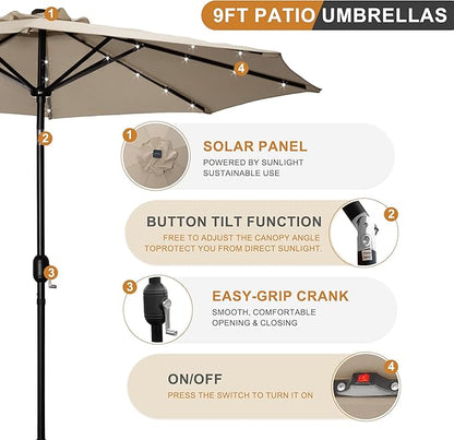 9FT LED Patio Umbrella, Solar Outdoor Umbrellas with LED Lights, Deck Umbrella with Push Button Tilt and Crank, UV Protection Waterproof for Pool, Porch, Garden, Deck, Backyard. (TAN)