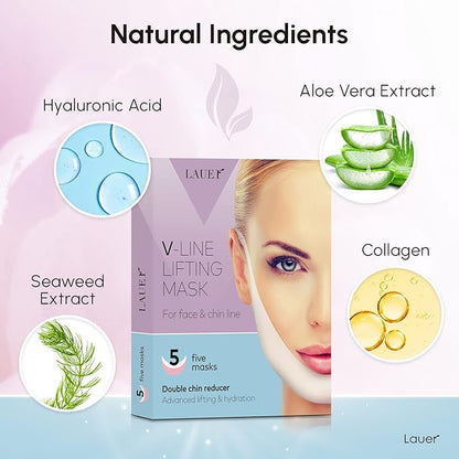 V Shaped Contouring Face Mask Line Shaping Lifting Belt Neck Reduction Jawline Shaper Lift Up Tape Enhancer Face Patch Firming Tightening Skin Chin Collagen Mask Hyaluronic Acid Aloe Vera 5 pcs