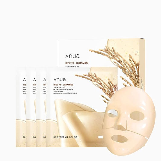 ANUA Rice 70 Glow Collagen Mask, Overnight Face Mask for Glass Skin, Ceramide, Collagen Facial Mask, Skin Moisture Barrier, Tightening Care, Natural Color, Korean Skin Care (38g, 4ea)