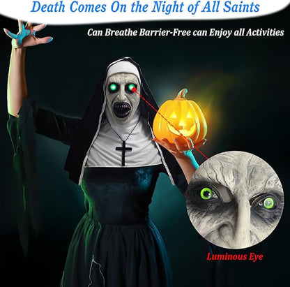 2024 Nun Scary Mask,Halloween Party Scary Full Head Costume Mask with cross necklace