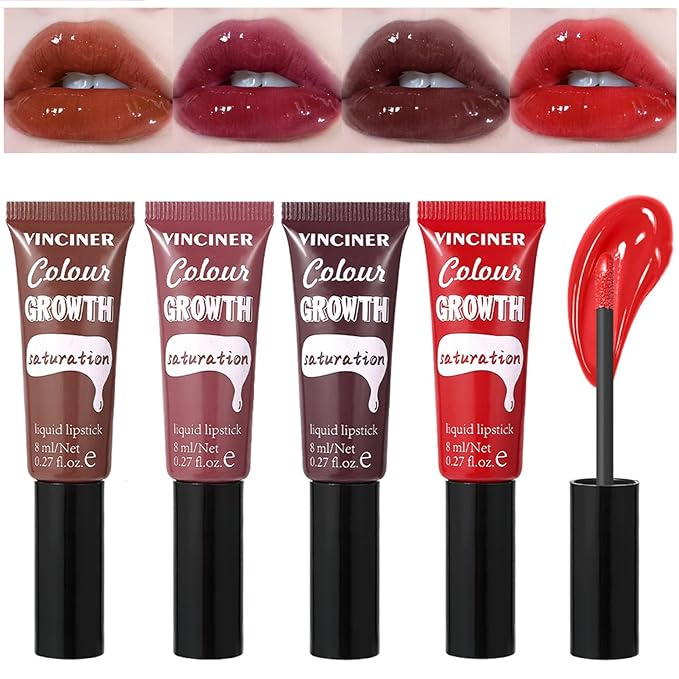 4 Colors Hydrating Glossy Liquid Lipstick Set, Moisturizing Shiny Tinted Lip Gloss, Nourishing Long Lasting Lip Stain Lip Blam for Girls And Women Makeup