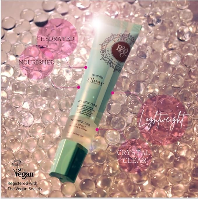 ROSÉE & CO Rosee Lip Gloss Vegan & Cruelty Free Treatment, Professional Make up, Long Lasting Glossy with Shea Butter, Moisturize, Protect & Smooth, High Shine, Non-Sticky (b. Clear Plumping, 0.5)