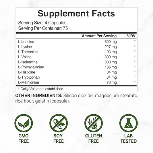 Essential Amino Acids (EAA) 2000mg Per Serving, 300 Capsules – Unflavored - 9 in 1, All BCAAs (Branched-Chain Aminos) – Lean Muscle Support & Natural Pre Workout Supplement