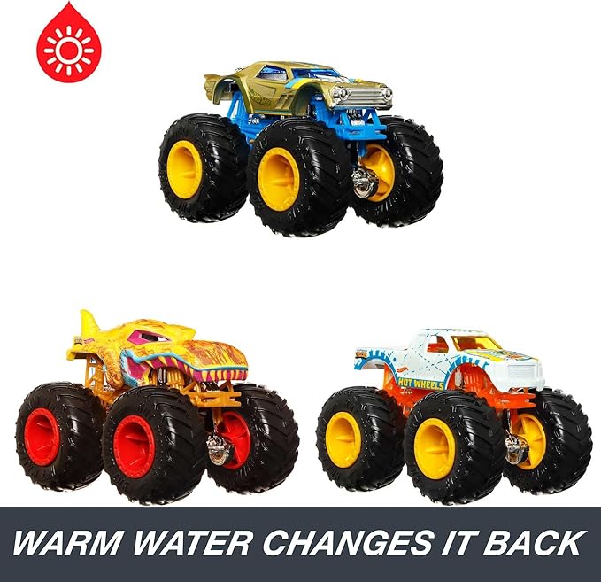 Hot Wheels Monster Trucks 1:64 Color Shifters, 3-Pack of Toy Trucks That Change Decos in Ice Cold Water & Change Back in Warm Water, Toy for Kids, HGX20