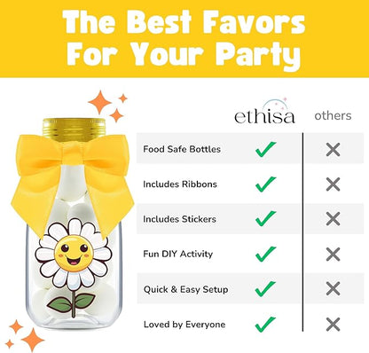 Small 12 Pack Daisy Party Favors - DIY Candy Jars with Ribbons and Stickers - Party Decoration Bottles for Birthday, School Classroom and Baby Shower - Flower Table Centerpiece Gifts for Kids
