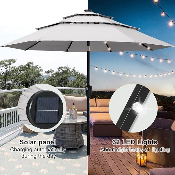 ABCCANOPY 3 Tiers 11FT Solar Led Lighted Patio Umbrellas (Gray)