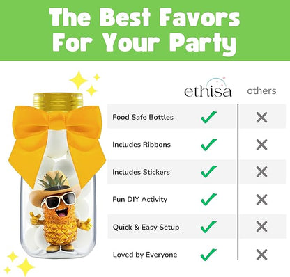 Small 12 Pack Pineapple Party Favors - DIY Candy Jars with Ribbons and Stickers - Pina Colada Party Decoration Bottles for Birthday, Hawaiian Luau, and Baby Shower - Gold Tropical Centerpieces