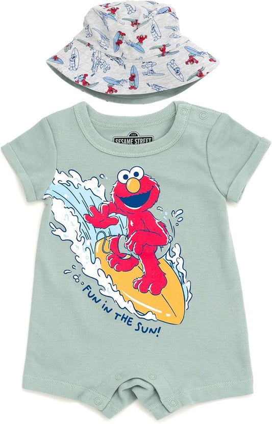 Sesame Street Elmo Cookie Monster Big Bird Romper and Bucket Sun Hat Newborn to Toddler