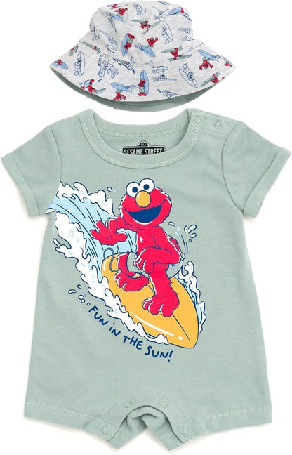 Sesame Street Elmo Cookie Monster Big Bird Romper and Bucket Sun Hat Newborn to Toddler