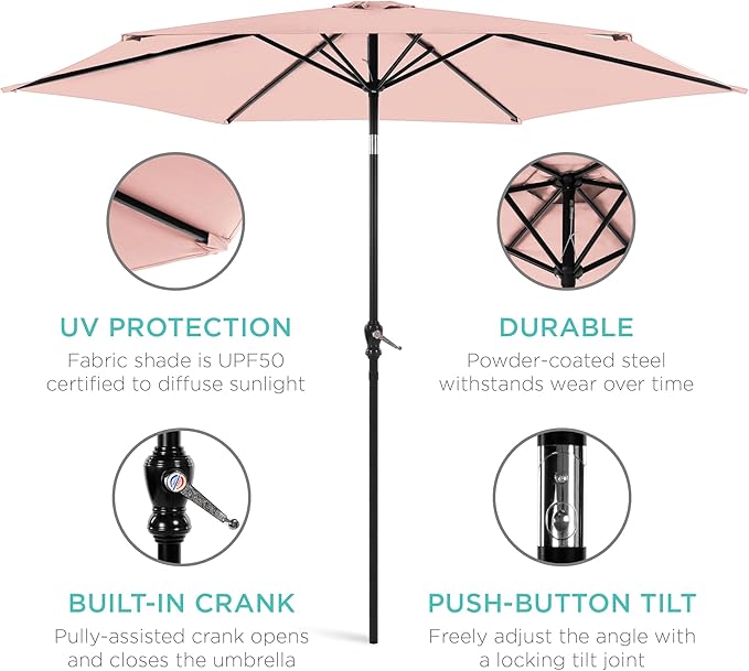 Best Choice Products 10ft Outdoor Steel Polyester Market Patio Umbrella w/Crank, Easy Push Button, Tilt, Table Compatible - Rose Quartz