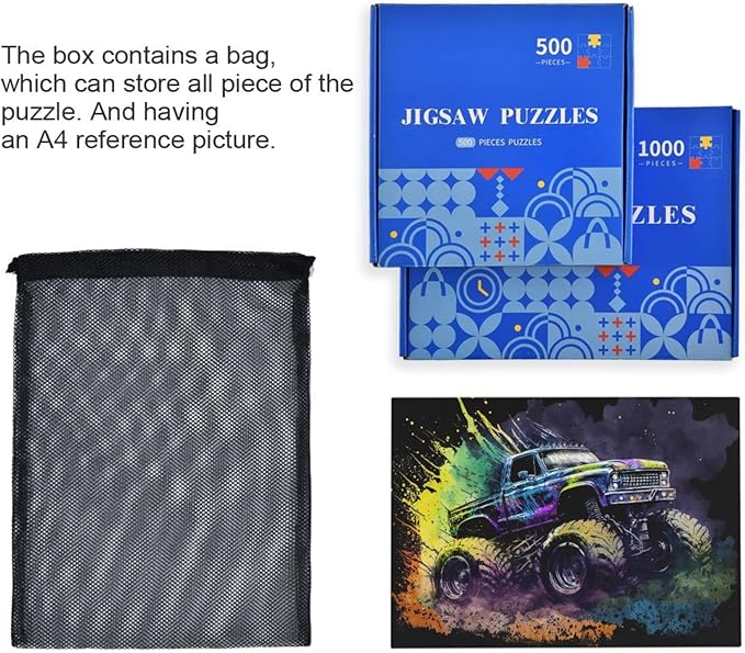 Jigsaw Puzzle 500 Pieces (Cool Monster Truck), Car Theme Zigsaw with Storage Bag and Reference Picture Easy to Solve