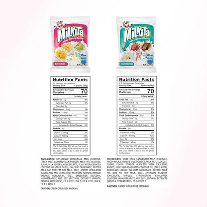 Milkita Creamy Shake Candy Pack of 4, Gluten Free Chewy Candies with Calcium & Real Milk, Zero Trans Fat, Low-Sugar, Assorted Neapolitan Flavors (Vanilla, Strawberry, Chocolate) & Tropical Flavors (Banana, Honeydew, Mango), 120 Pcs