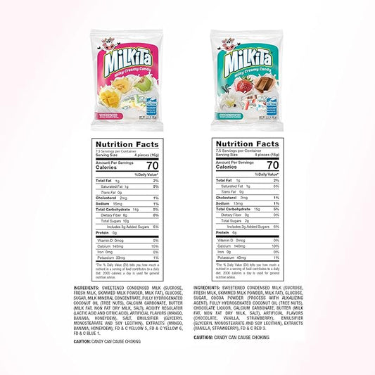 Milkita Creamy Shake Candy Pack of 4, Gluten Free Chewy Candies with Calcium & Real Milk, Zero Trans Fat, Low-Sugar, Assorted Neapolitan Flavors (Vanilla, Strawberry, Chocolate) & Tropical Flavors (Banana, Honeydew, Mango), 120 Pcs