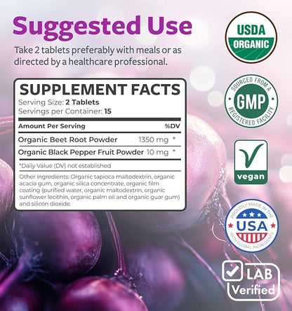 USDA Organic Beet Root Powder (30 Tablets) 1350mg Beets Per Serving with Black Pepper for Extra Absorption - Super Antioxidant and Nitrate Supplement for Athletic Performance and Stamina- No Capsules