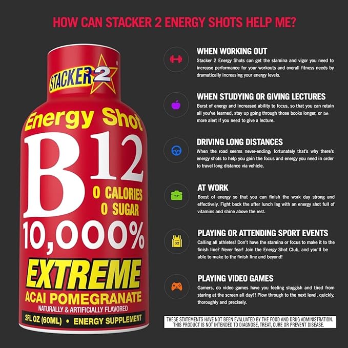 Stacker 2 Vitamin B Complex B12 B6 B3 Liquid Energy Shots - Vegansafe & Vegan Cyanocobalamin, 10,000% DRV - B-6 Pyridoxine 40mg - B3 Niacinamide (Niacin) 20mg Bundle Pack (2oz, Pack of 24)