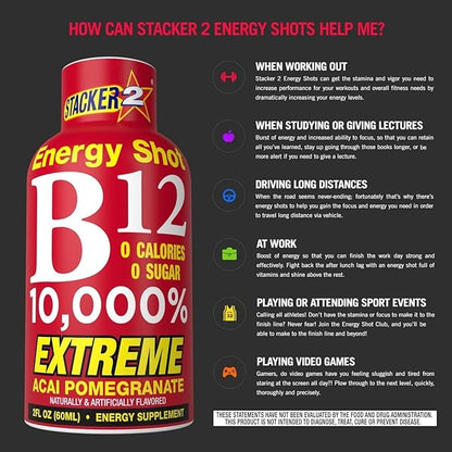 Stacker 2 Vitamin B Complex B12 B6 B3 Liquid Energy Shots - Vegansafe & Vegan Cyanocobalamin, 10,000% DRV - B-6 Pyridoxine 40mg - B3 Niacinamide (Niacin) 20mg Bundle Pack (2oz, Pack of 24)