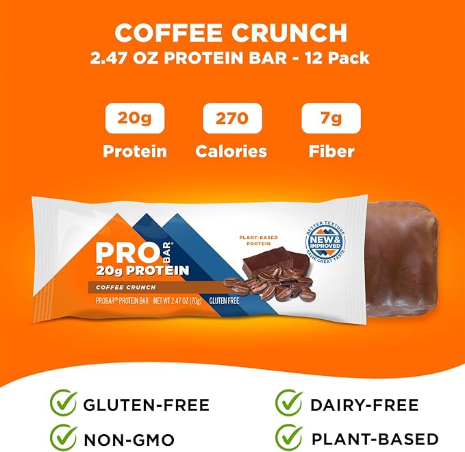 PROBAR - PROTEIN Bar, Coffee Crunch, Non-GMO, Gluten-Free, Healthy, Plant-Based, Whole-Food Ingredients, Natural Energy (12 Count)